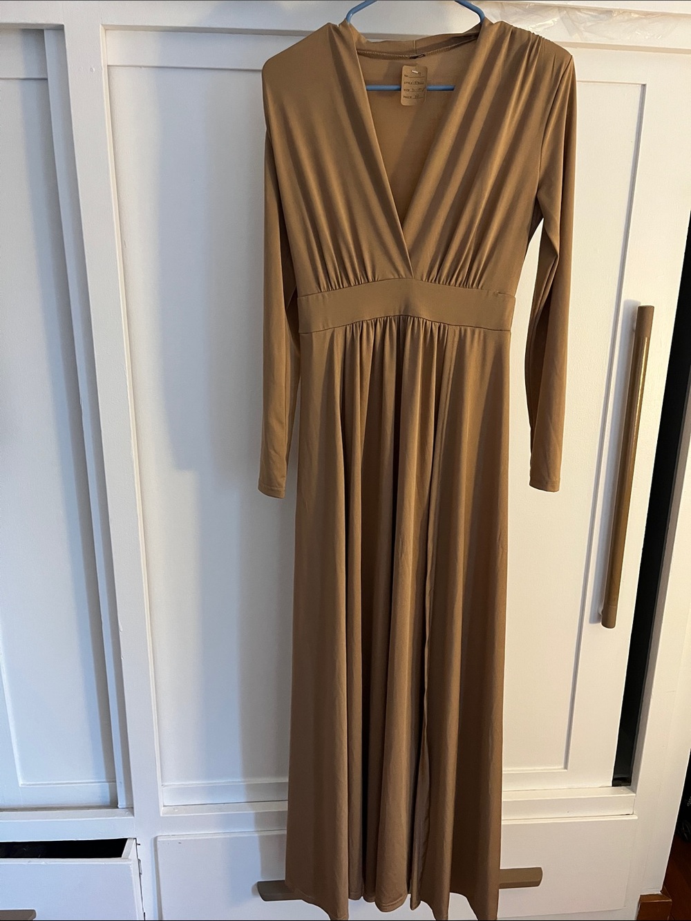 Beige Long Sleeve V-Neck Maxi Dress